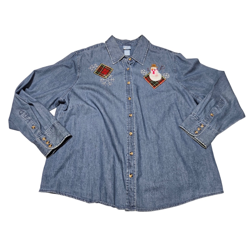 Holiday‎ Editions Denim Shirt Women's 1X Long Sleeve Snowman Plaid Applique